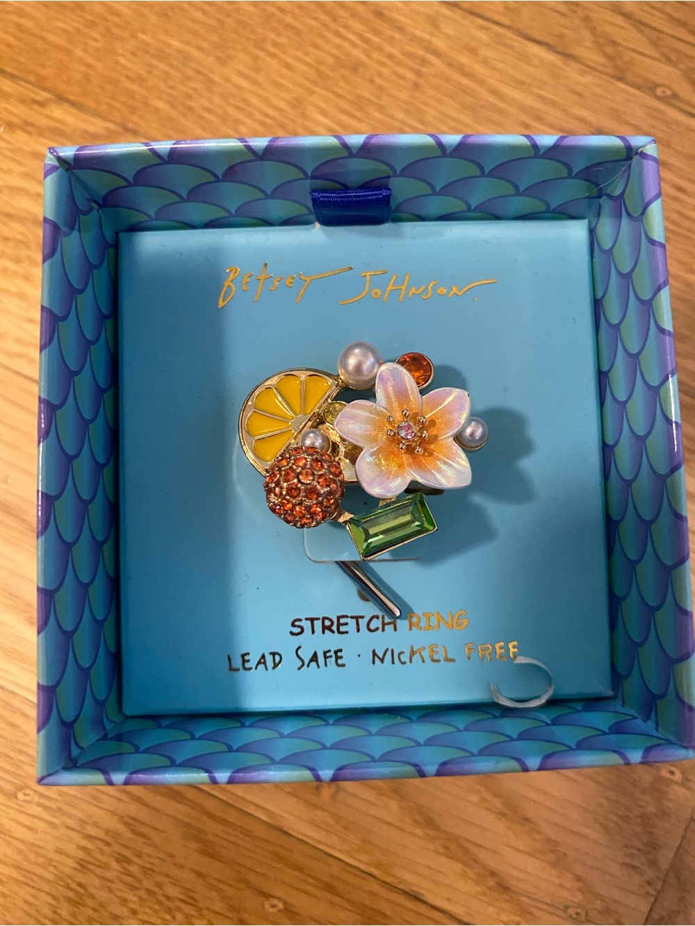 Betsey Johnson Gold Tone Lemon Slice & Flower Stretch Cocktail Ring